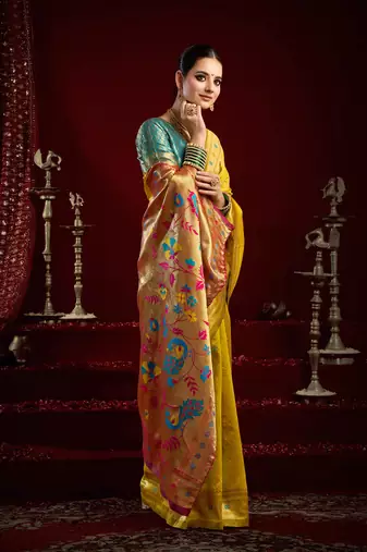 Yellow silk blend butti weaving paithani saree