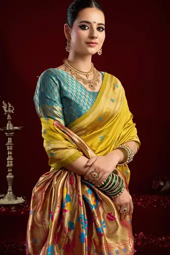 Yellow silk blend butti weaving paithani saree