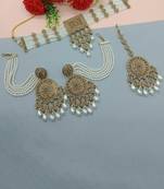 Traditional ethnic antique gold-plated pearl bridal choker set with earrings, maang tikka
