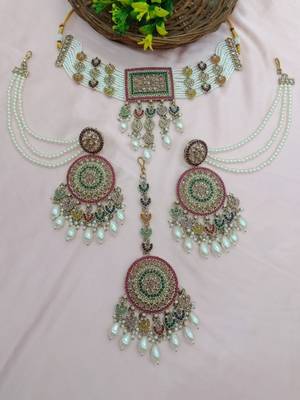 Traditional ethnic antique gold-plated pearl bridal choker set with earrings, maang tikka 1