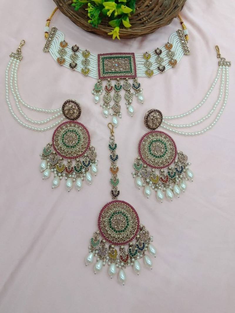 Traditional ethnic antique gold-plated pearl bridal choker set with earrings, maang tikka