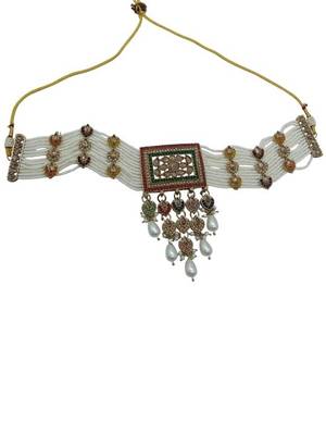Traditional ethnic antique gold-plated pearl bridal choker set with earrings, maang tikka 2
