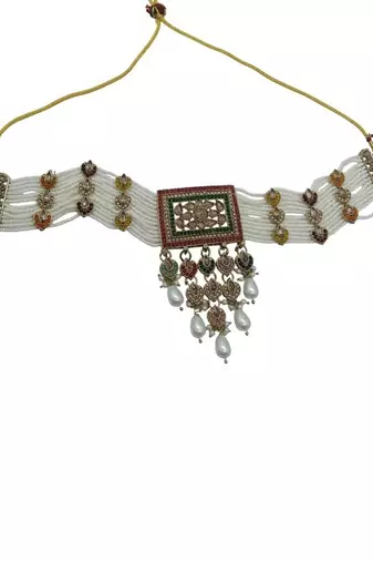 Traditional ethnic antique gold-plated pearl bridal choker set with earrings, maang tikka