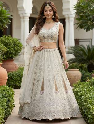 white diamond work net lehenga set choli with dupatta 1
