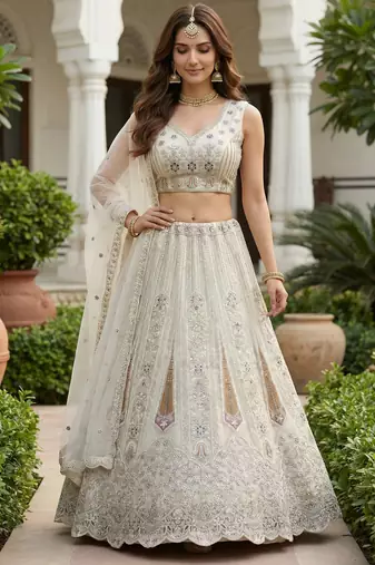 white diamond work net lehenga set choli with dupatta