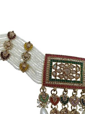 Traditional ethnic antique gold-plated pearl bridal choker set with earrings, maang tikka 3