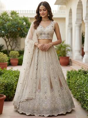 white diamond work net lehenga set choli with dupatta 2