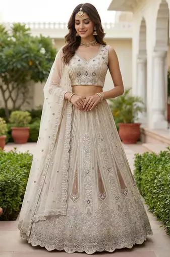 white diamond work net lehenga set choli with dupatta
