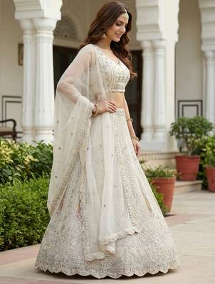 white diamond work net lehenga set choli with dupatta 3