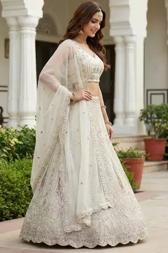 white diamond work net lehenga set choli with dupatta