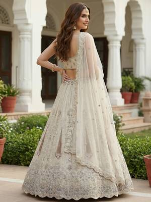 white diamond work net lehenga set choli with dupatta 5