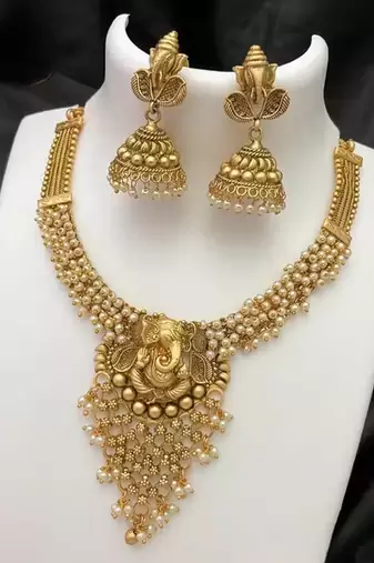Traditional antique gold-plated temple necklace set ethnic south indian bridal jewelry set