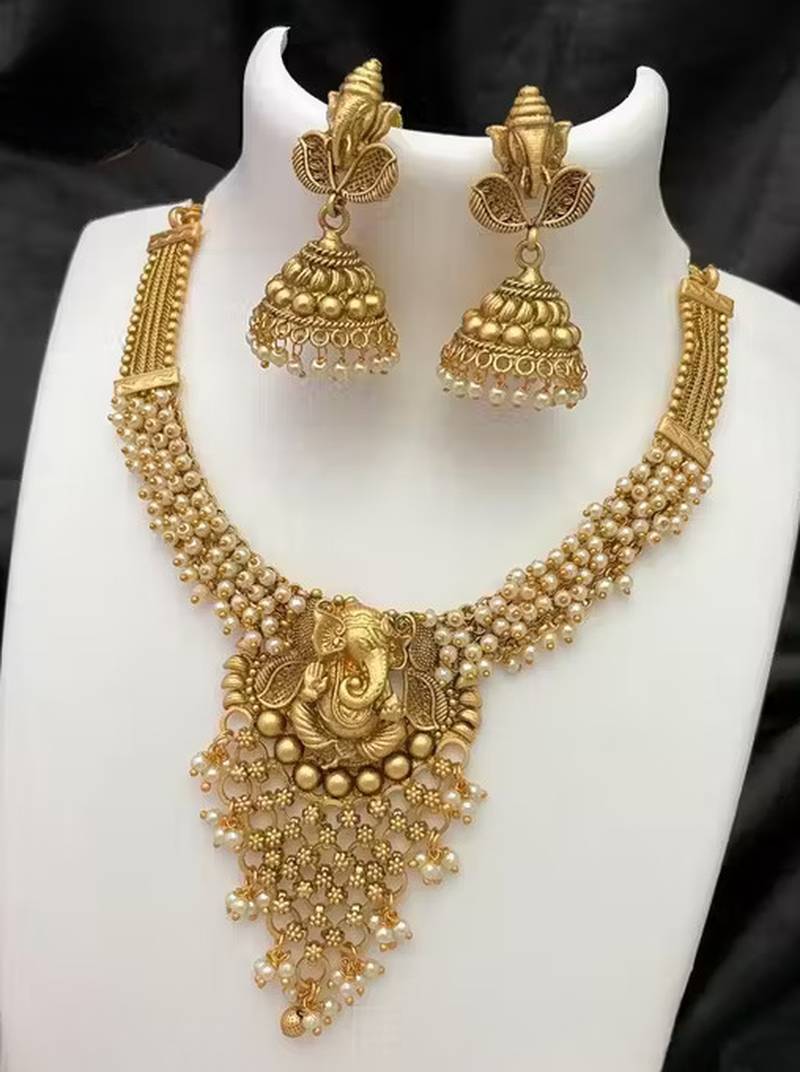 Traditional antique gold-plated temple necklace set ethnic south indian bridal jewelry set