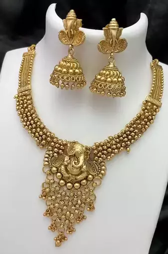 Traditional antique gold-plated temple necklace set ethnic south indian bridal jewelry set