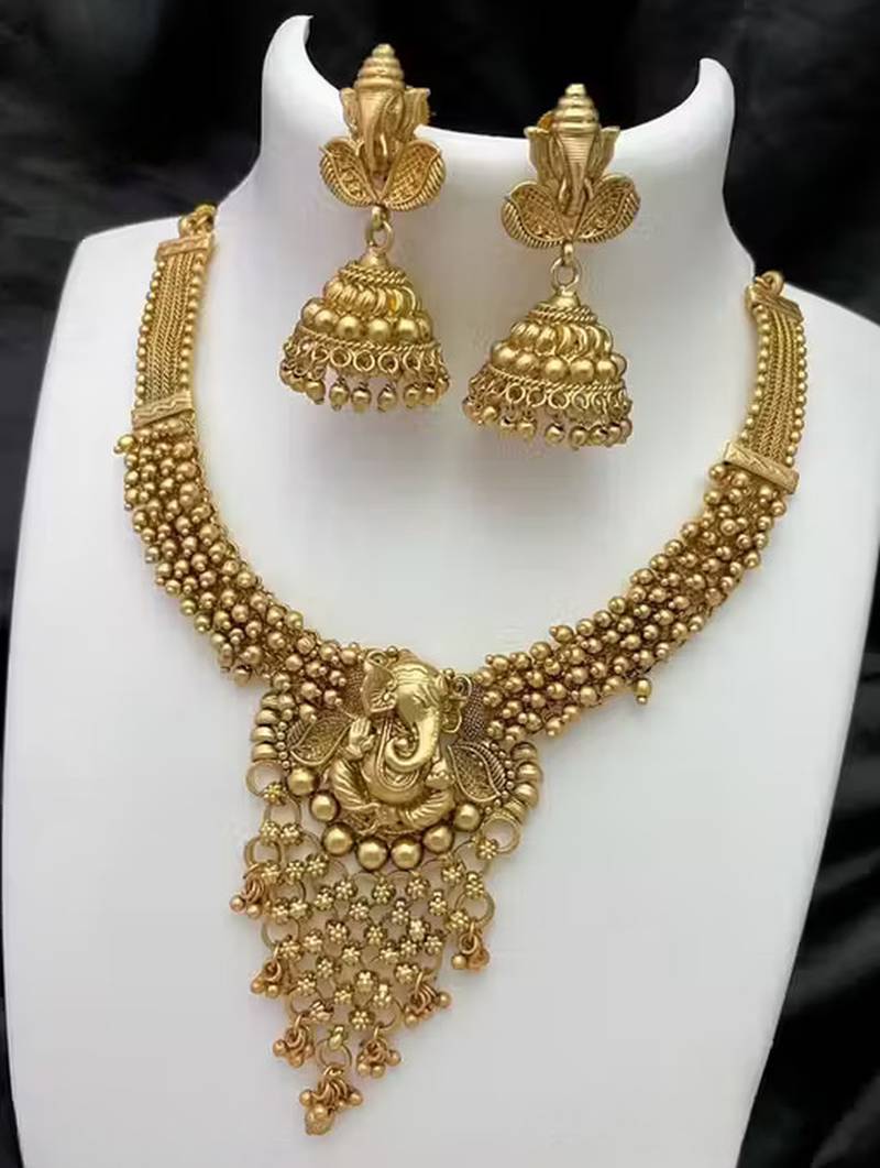 Traditional antique gold-plated temple necklace set ethnic south indian bridal jewelry set