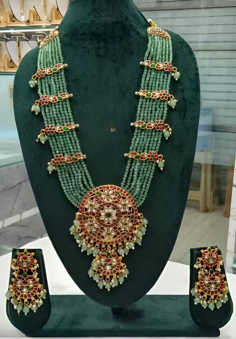 Traditional kundan beads bridal necklace set handcrafted ethnic indian jewelry set