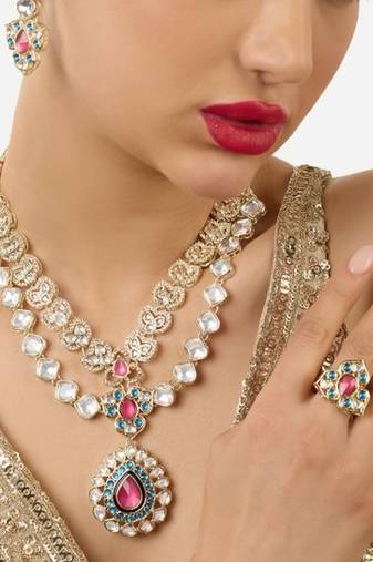 Designer kundan necklace set with earrings & ring | gold-plated dual layer bridal jewelry