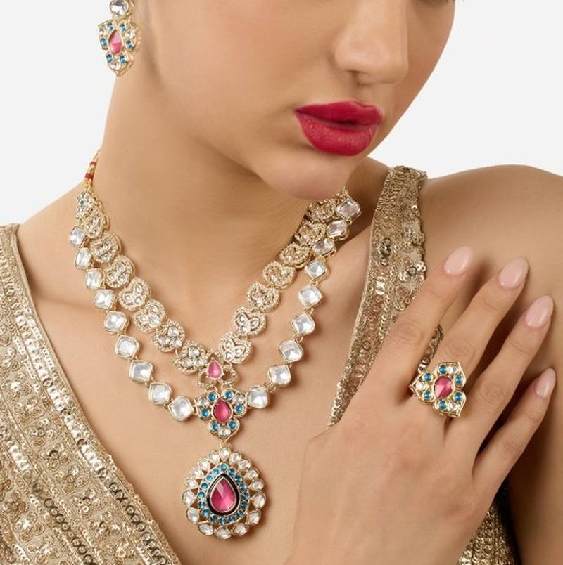 Designer kundan necklace set with earrings & ring | gold-plated dual layer bridal jewelry