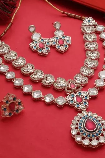 Designer kundan Necklace :: set with earrings & ring | gold-plated dual layer bridal jewelry