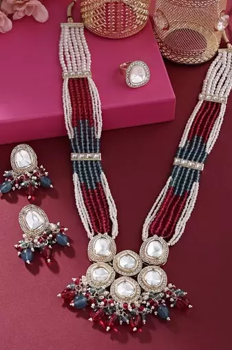 Multicolor beaded kundan necklace set- pearl layered traditional gold-plated jewelry set