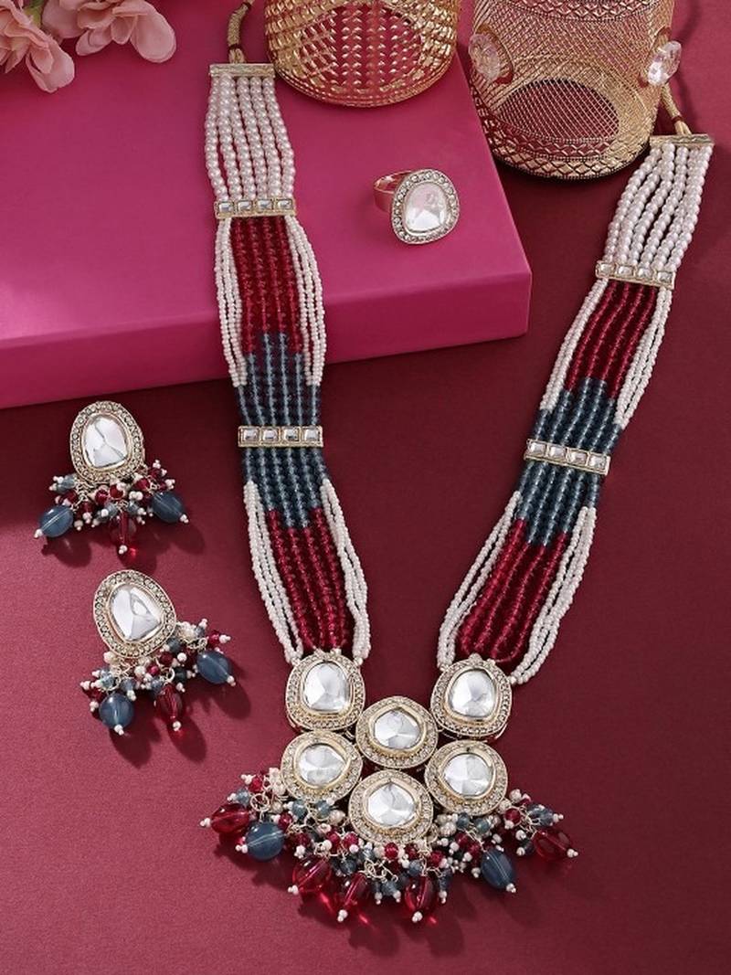 Multicolor beaded kundan necklace set- pearl layered traditional gold-plated jewelry set