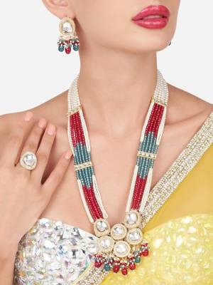Multicolor beaded kundan Necklace :: set- pearl layered traditional gold-plated jewelry set 2