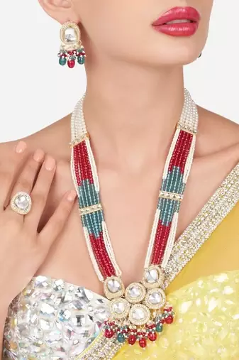 Multicolor beaded kundan Necklace :: set- pearl layered traditional gold-plated jewelry set