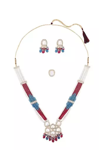 Multicolor beaded kundan Necklace :: set- pearl layered traditional gold-plated jewelry set
