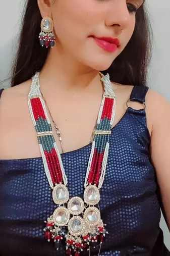 Multicolor beaded kundan Necklace :: set- pearl layered traditional gold-plated jewelry set
