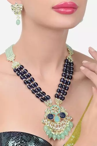 Royal blue beaded kundan pendant necklace set | mint green drop beads | traditional gold-plated indian jewelry set