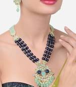 Royal blue beaded kundan pendant necklace set | mint green drop beads | traditional gold-plated indian jewelry set