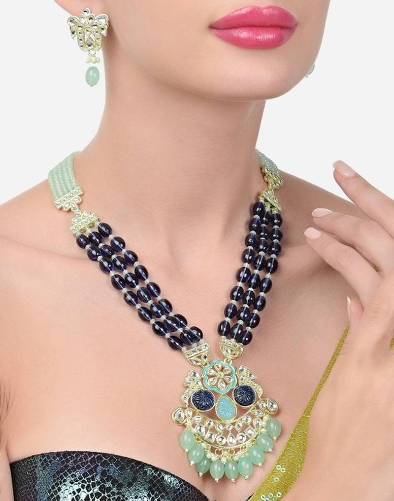 Royal blue beaded kundan pendant necklace set | mint green drop beads | traditional gold-plated indian jewelry set
