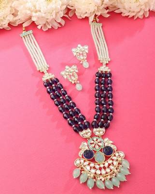 Royal blue beaded kundan pendant Necklace :: set | mint green drop beads | traditional gold-plated indian jewelry set 2