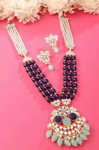 Royal blue beaded kundan pendant Necklace :: set | mint green drop beads | traditional gold-plated indian jewelry set