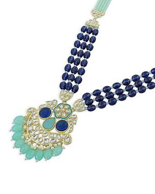 Royal blue beaded kundan pendant Necklace :: set | mint green drop beads | traditional gold-plated indian jewelry set 3