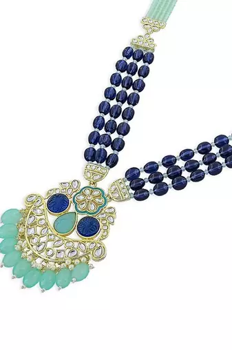 Royal blue beaded kundan pendant Necklace :: set | mint green drop beads | traditional gold-plated indian jewelry set