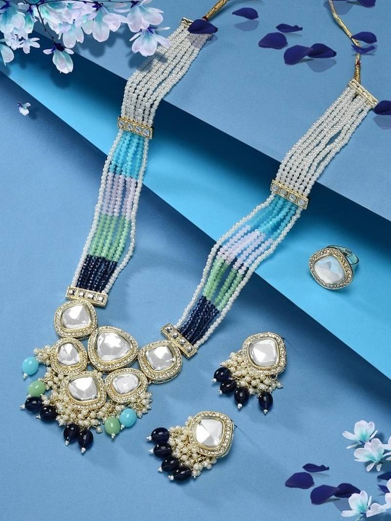 Multicolor beaded kundan mirror necklace set | gold-plated traditional indian jewelry | ethnic wedding statement set
