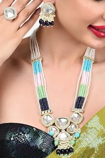 Multicolor beaded kundan mirror Necklace :: set | gold-plated traditional indian jewelry | ethnic wedding statement set