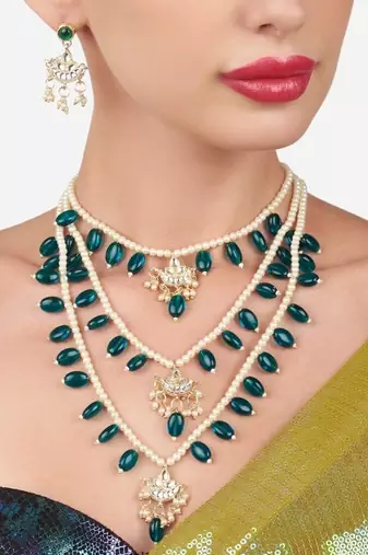 Layered pearl & green bead necklaceset with kundan chandbali pendants traditional indian  gold-plated ethnic jewelry set