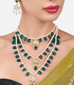 Layered pearl & green bead necklaceset with kundan chandbali pendants traditional indian  gold-plated ethnic jewelry set