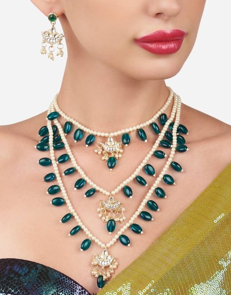 Layered pearl & green bead necklaceset with kundan chandbali pendants traditional indian  gold-plated ethnic jewelry set
