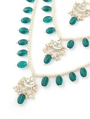 Layered pearl & green bead necklaceset with kundan chandbali pendants traditional indian  gold-plated ethnic jewelry set 2