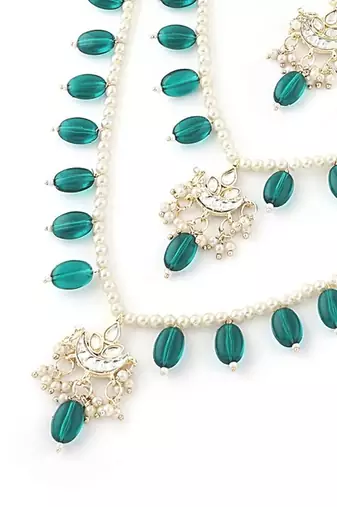 Layered pearl & green bead necklaceset with kundan chandbali pendants traditional indian  gold-plated ethnic jewelry set