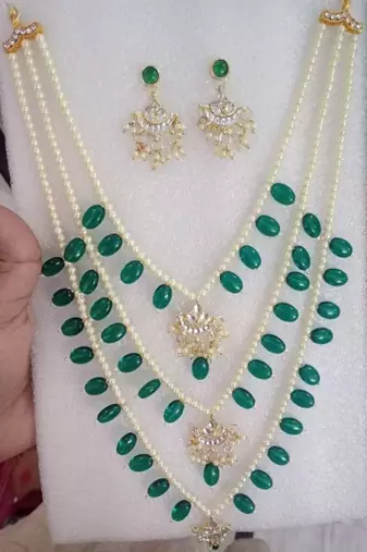 Layered pearl & green bead necklaceset with kundan chandbali pendants traditional indian  gold-plated ethnic jewelry set