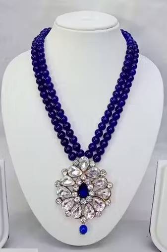 Traditional handcrafted ethnic blue beaded necklace set with gold-plated finish & studded stones 