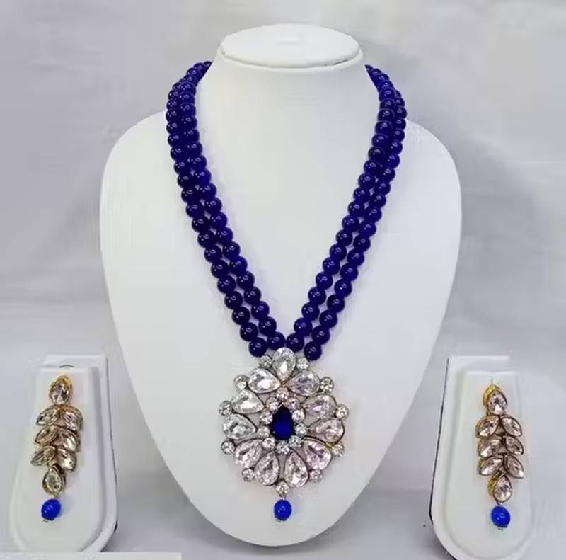 Traditional handcrafted ethnic blue beaded necklace set with gold-plated finish & studded stones 
