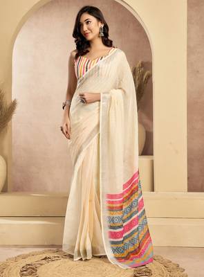 Cream linen self weaved printed ready to wear saree with pocket 1
