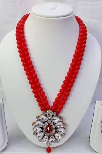 Traditional  handcrafted ethnic red beaded  necklace set  with gold-plated finish &  studded stones  