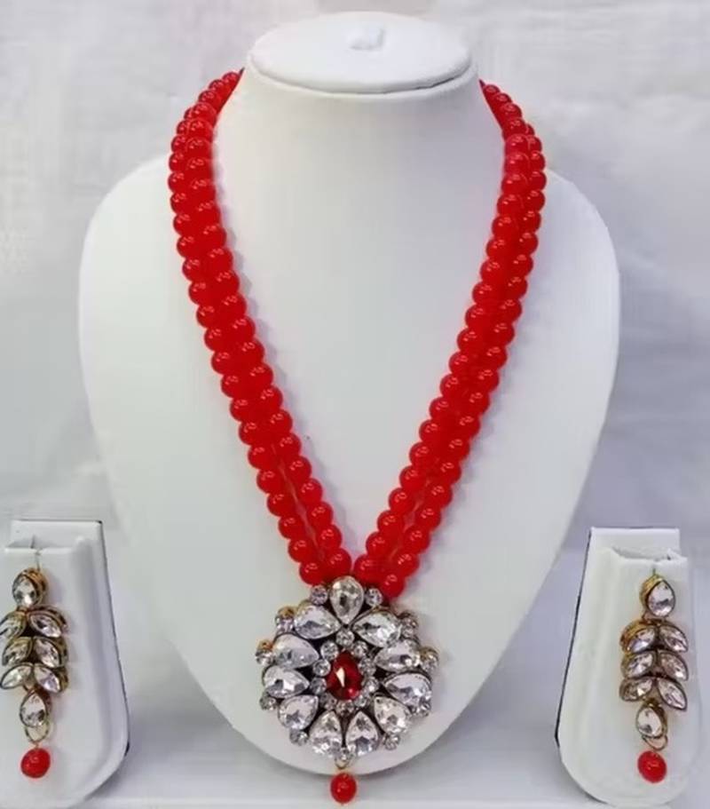 Traditional  handcrafted ethnic red beaded  necklace set  with gold-plated finish &  studded stones  