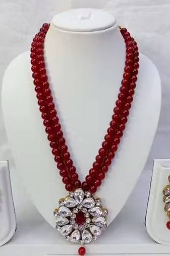 Traditional  handcrafted ethnic maroon beaded  necklace set  with gold-plated finish &  studded stones  